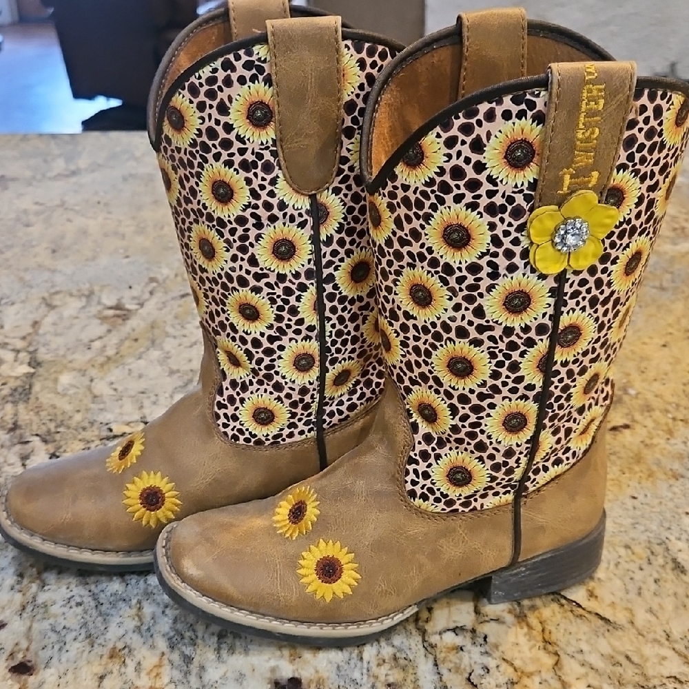 Twister Kids Boots with Sunflower Design - Brown and Yellow